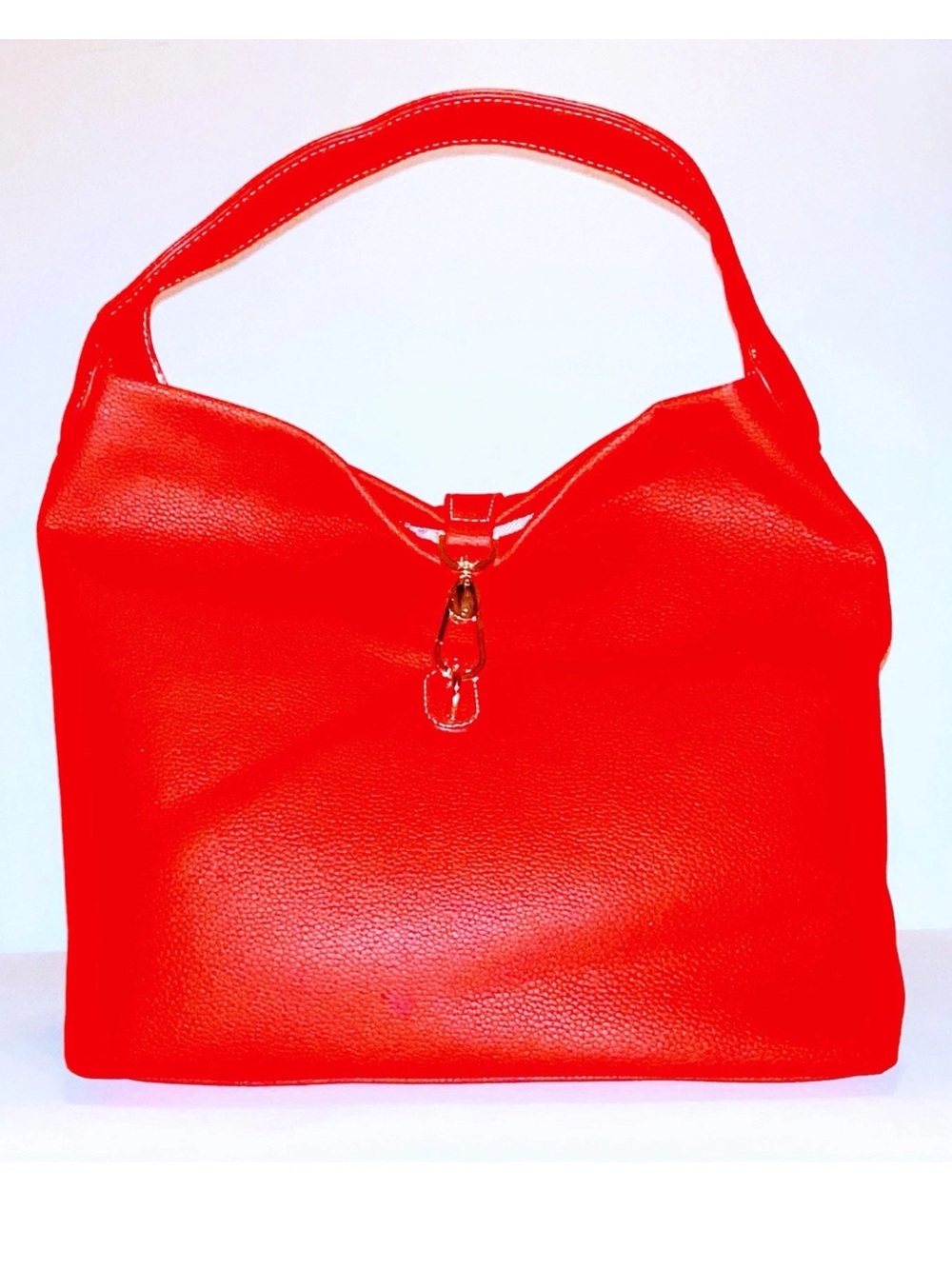 RED FAUX LEATHER HOBO BAG-Has Pebble Grain Feel To Outside And Faux Gold Accents